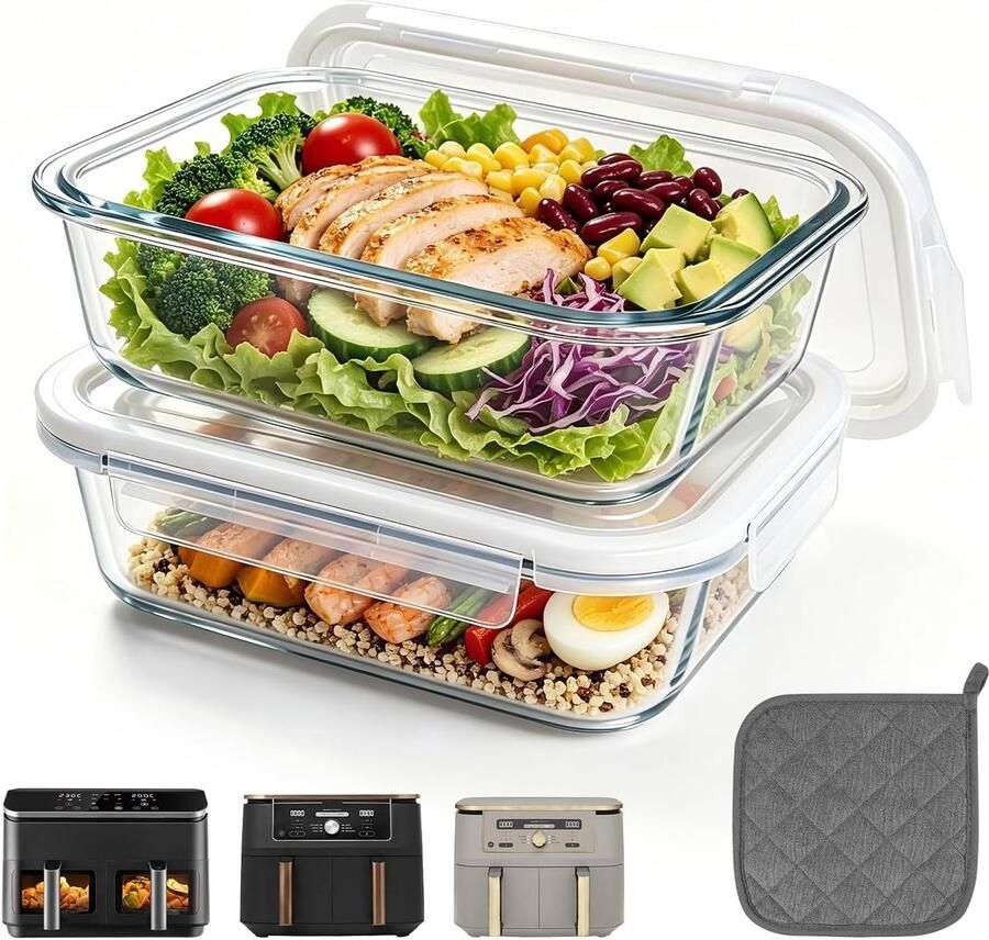 2 stuks glazen ovenschaal Airfryer met deksel en pannenlappen hittebestendig krasbestendig en vaatwasmachinebestendig airfryer ovenschaal voor Philips Cosori Ninja en vele heteluchtfriteuses