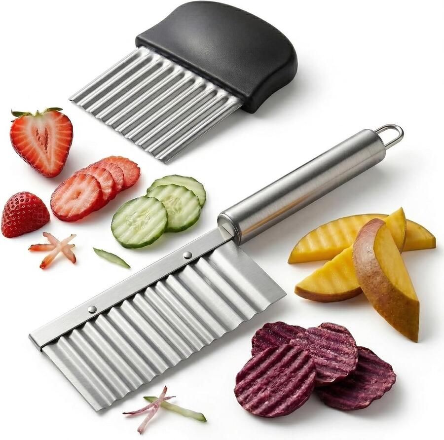 2 stuks golfsnijder ribbelmes roestvrij staal keukenhulp met scherpe golfsnede voor groenten aardappelen friet golfmes ideaal voor baby-led airfryer en familiekeuken