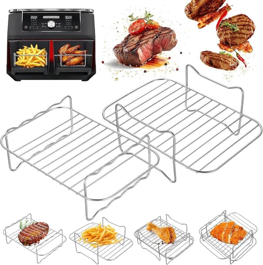 2 stuks grillrooster voor heteluchtfriteuse accessoires Stapelbaar #304 roestvrij staal Airfryer grillrooster heteluchtfriteuse rooster Airfryer accessoires voor Dual Zone 7 6L–10 4L voor Ninja