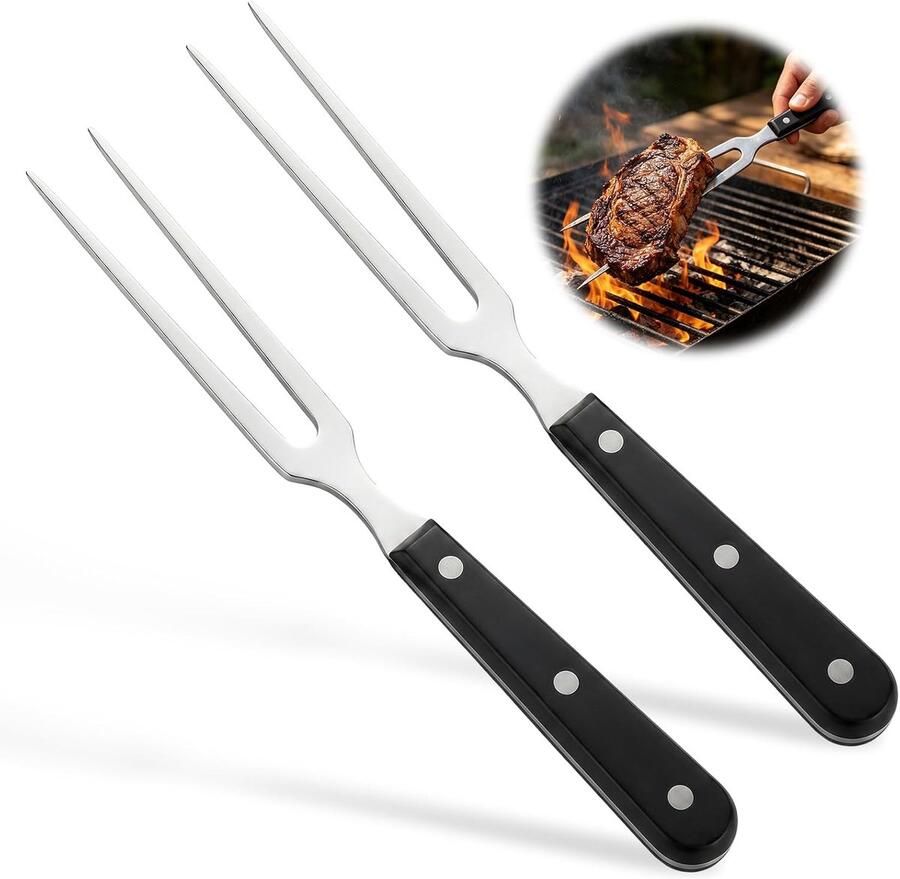 2 stuks grillvorken van roestvrij staal met houten handvat 28 cm vleesvork vleesspies vork voor BBQ koken en braden