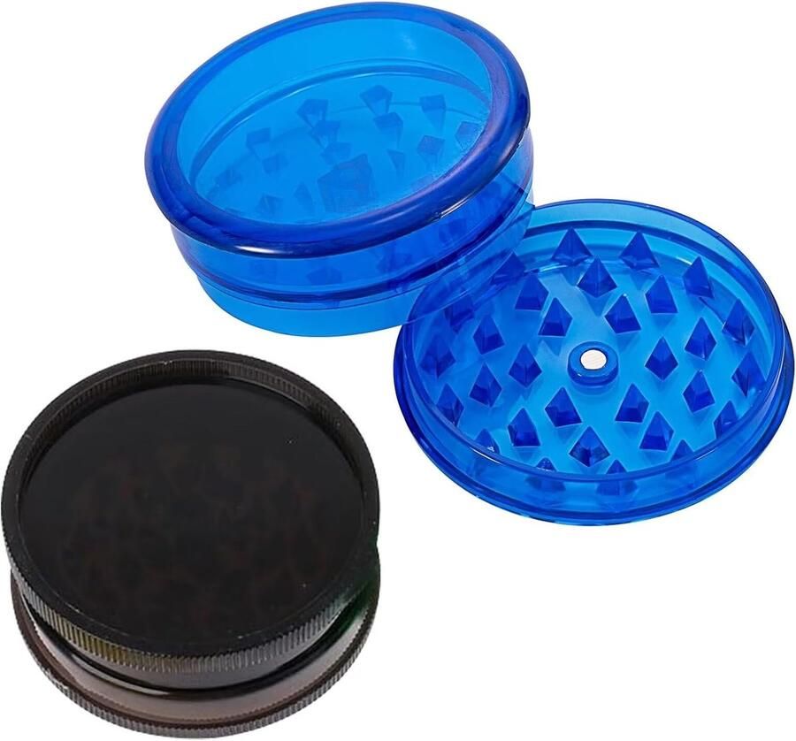 2 stuks Grinder plastic molens kunststof 60 mm drie delen inclusief opslag Crusher Kitchen pollen grinder crusher kruidenmolen van kunststof voor specerijen kruiden specerijen blauw en