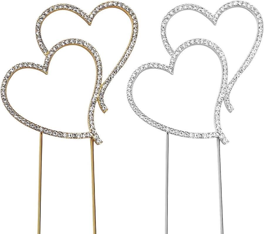 2 stuks hartvormige taartopzetstukken strass-taartopzetstukken gepersonaliseerde taartdecoratie elegant en romantisch geschikt voor verjaardagsfeest bruiloft Valentijnsdag (goud zilver)