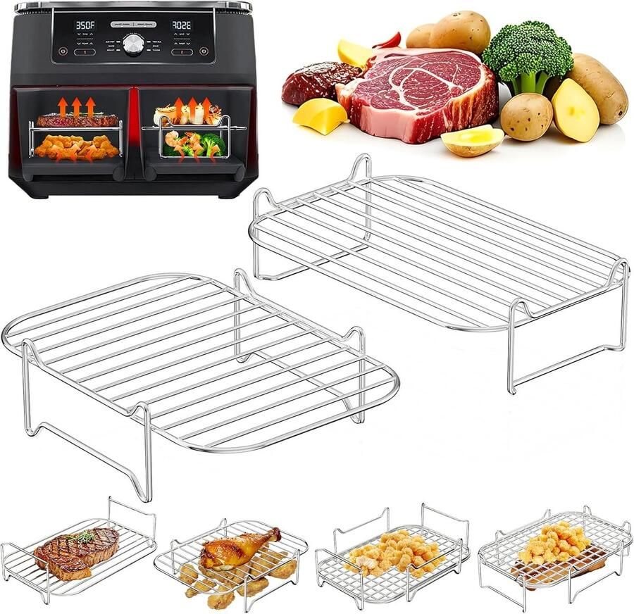2 Stuks Heteluchtfriteuse Accessoire Grillrooster voor Dual Zone 7 6L-10 4L Stapelbaar RVS 304 Compatibel met Ninja Cosori Russell Hobbs en andere dual zone airfryers Vaatwasmachinebestendig