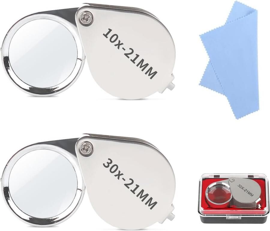 2 Stuks Hoge Vergroting Metalen Zakloep 10x 30x Juweliers Loep Vergrootglas Sieradenvergrootglas voor Edelstenen met Etui Reinigingsdoekje Draagbaar Vergrootglas voor Edelstenen Diamanten Sieraden