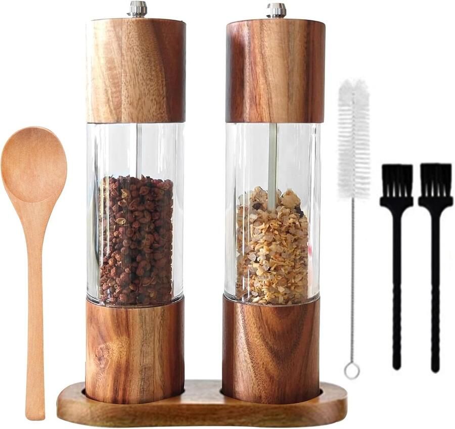 2 stuks houten zout- en pepermolen verstelbare keramische kern kruidenmolen transparante acryl venster peperkorrels shakers handmatige navulbare venkelzaadmolen set met houten lade 3