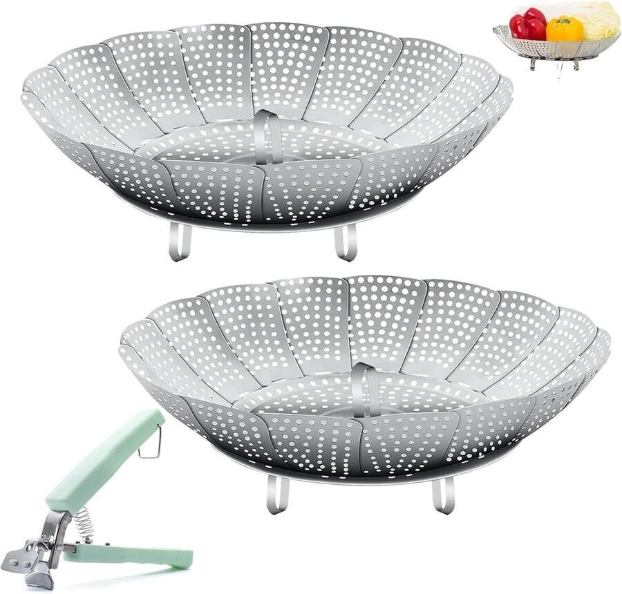 2 Stuks Instelbare Stoominzet RVS Opvouwbare Stoompan voor Groenten en Meer