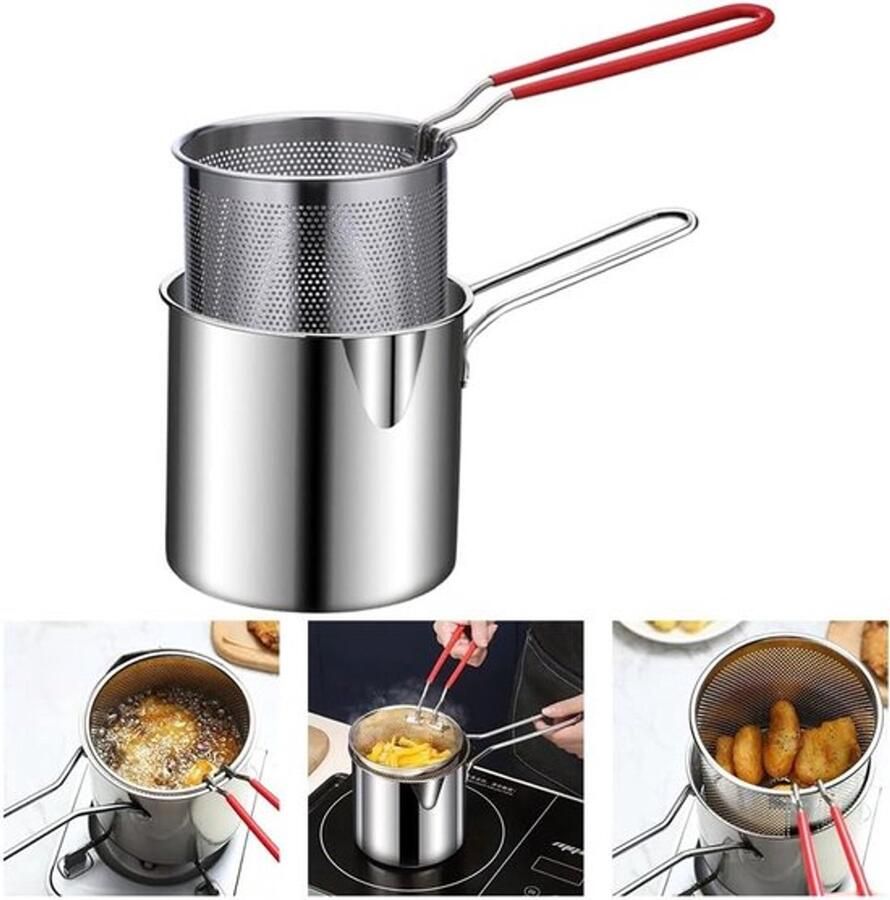2 stuks Kleine Frituur Pan Friteuse Inclusief Frituurmandje Frituurpan met Korf Friteuse van roestvrij staal Ergonomisch ontworpen handig voor het bakken van vis en koken-Geschikt voor gas en inductie