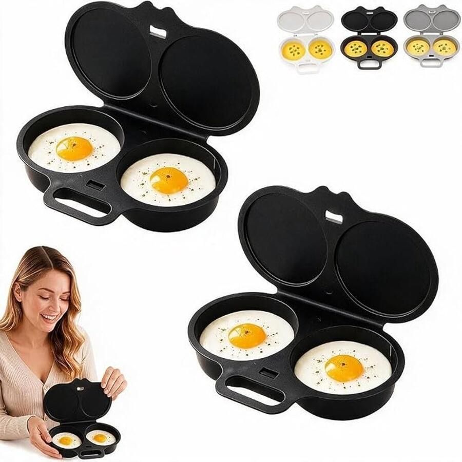 2 Stuks Magnetron Eierkoker Dubbele Houders Eierstoompan Egg Poacher Keukengereedschap Snel koken zwart