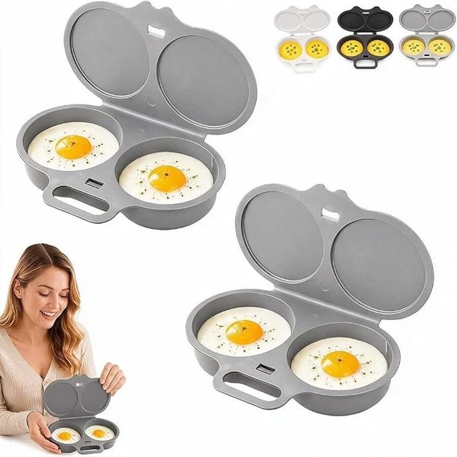 2 Stuks Magnetron Eierkoker Dubbele Houders Eierstoompan Egg Poacher Keukengereedschap Snel koken grijs