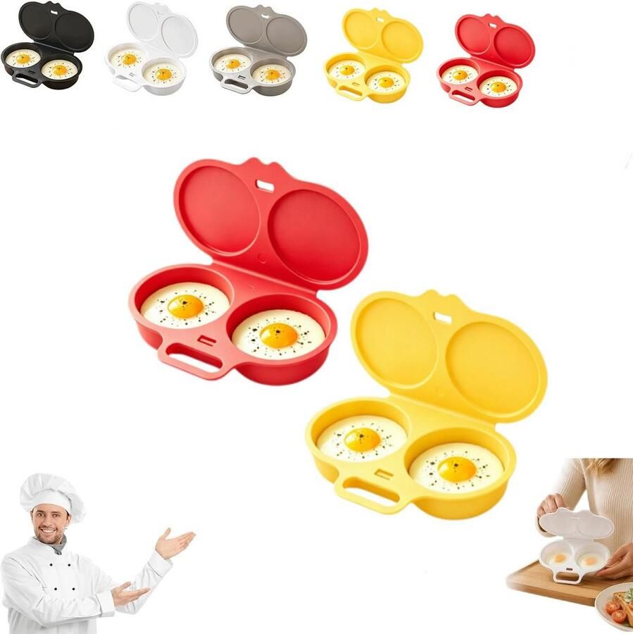 2 stuks Magnetron Eierkoker Dubbele Houders Eierstoompan Gepocheerd Ei Egg Poacher Hittebestendige Koker Snel koken 16x12x3cm rood geel 5284079051445