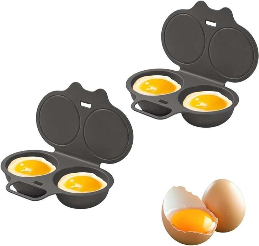 2 Stuks Magnetron Eierkoker Eierstoompan Eierkoker 2 eieren Met 2 Holtes Keukenhulp Snel olievrij koken Voedselveilig PP Keuken accessoire met deksel Egg Poacher Ei pocheerder Keukengereedschap Donkergrijs