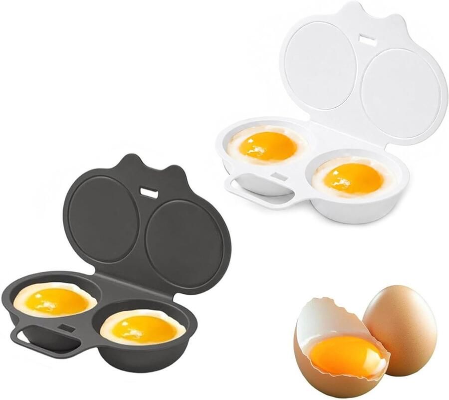 2 Stuks Magnetron Eierkoker Eierstoompan Eierkoker 2 eieren Met 2 Holtes Keukenhulp Snel olievrij koken Voedselveilig PP Keuken accessoire met deksel Egg Poacher Ei pocheerder Keukengereedschap Wit en Donkergrijs