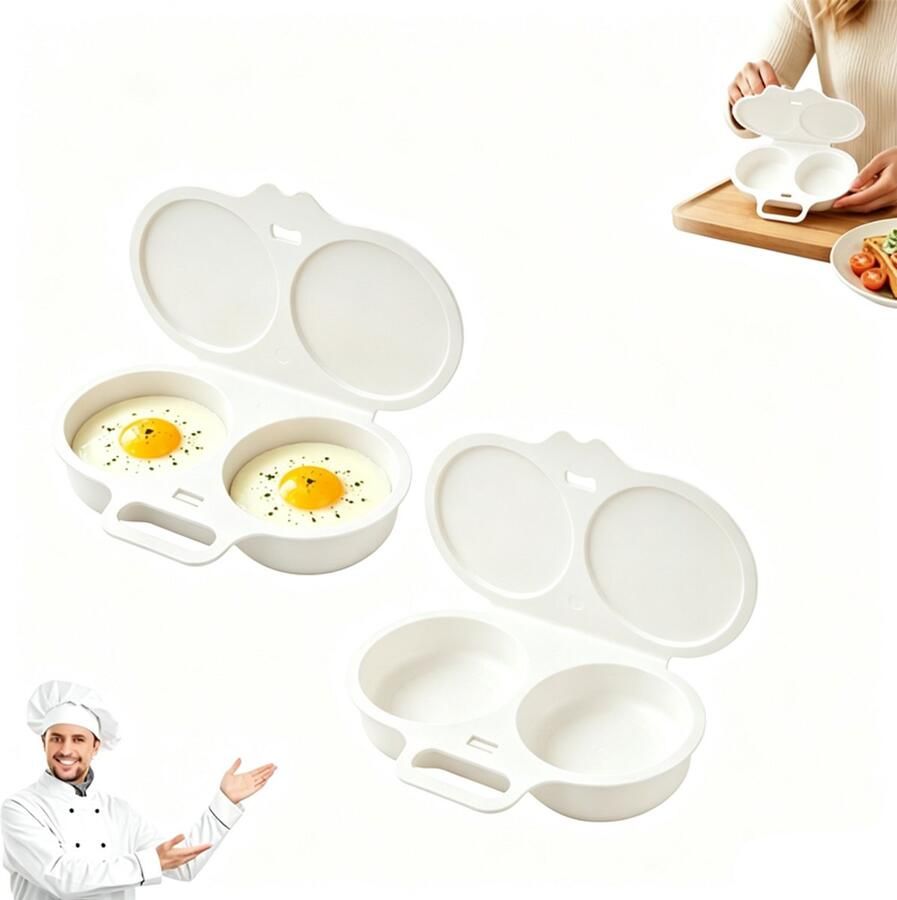 2 Stuks Magnetron Eierkoker Eierstoompan Eipocheerder Kook Er Twee Tegelijk Magnetron-Eierkoker Met 2 Holtes Gepocheerde Eier Maker Eierkoker Egg Poacher Hittebestendige Koker Keukengereedschap Pp Wit