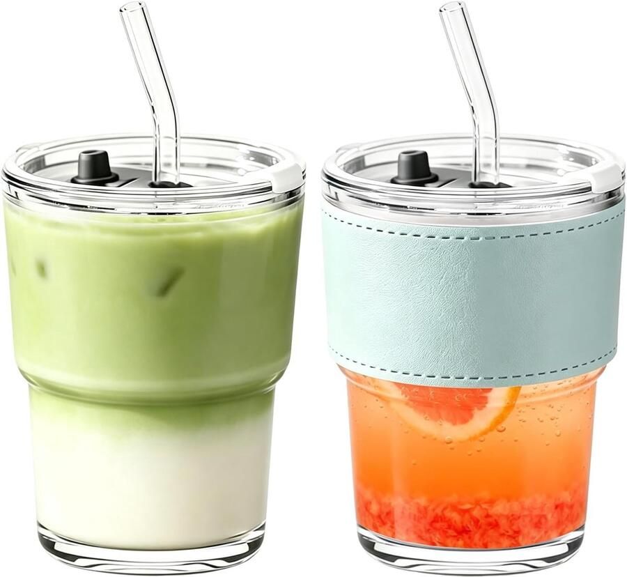 2 stuks Matcha glazen – 450ml beker met deksel en rietje Matcha beker to go voor ijskoffie & smoothies