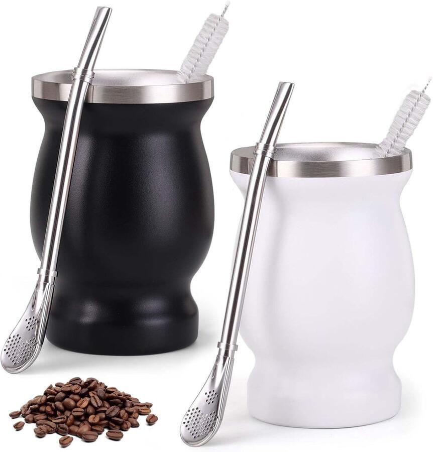 2 stuks Mate bekers: dubbelwandige roestvrijstalen matebekers Yerba Mate theeset met rietjeslepel en reinigingsborstel warmte-isolatie voor Mate thee koffie melk en sap (zwart + wit)