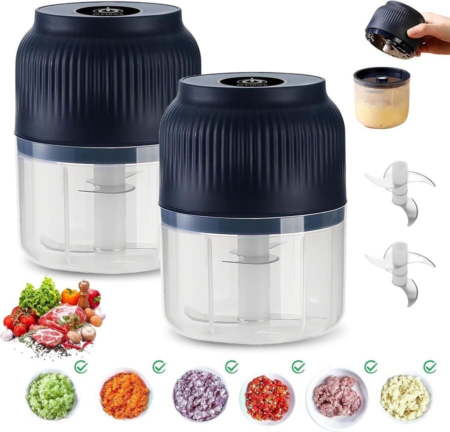 2 stuks mini elektrische hakmolen 300 ml accuhakmolen elektrische hakmolen voor keuken met USB-aansluiting knoflookhakker mini-uiensnijder voor uien groenten fruit noten (blauw)