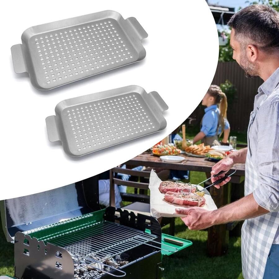 2 stuks outdoor BBQ grillpan set metalen grilllade met gaten en handvat perfect voor oven bakken frituren en koekjes maken ideaal voor kamperen en achtertuin Cookouts