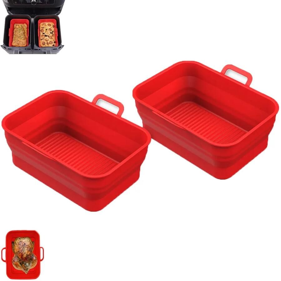 2 stuks Rechthoekige airfryermand Opvouwbare siliconen frituurplaat Rood Siliconen binnenpan voor airfryer Rechthoekige siliconen mand