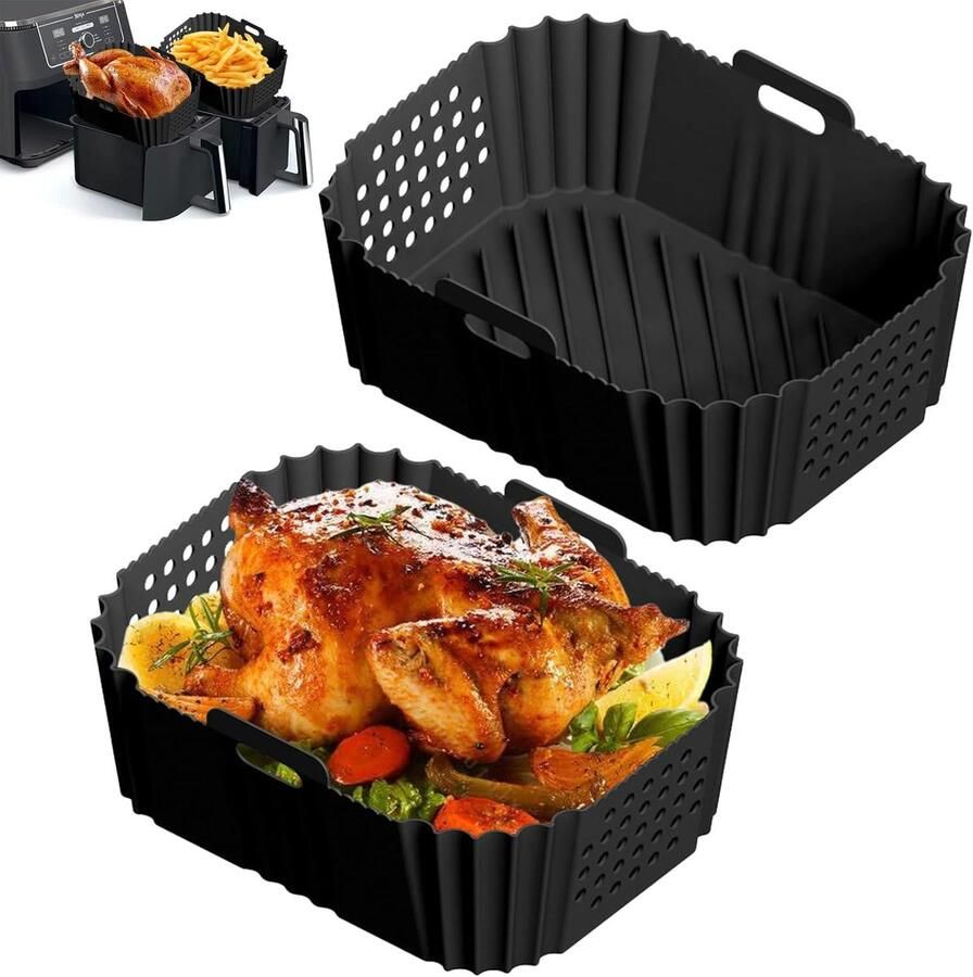2 stuks Rechthoekige Siliconen Bakvormen voor Heteluchtfriteuse Mand (21x16x8 cm)