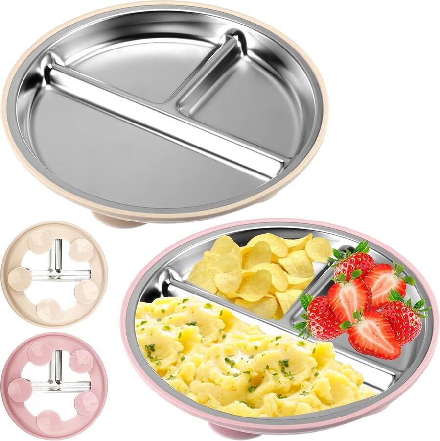 2 stuks roestvrijstalen babyborden met zuignap 22 cm kinderbord met zuignap BPA-vrij en met afneembare siliconen kinderbord met onderverdeling babybord roestvrijstalen bord kinderen (B)