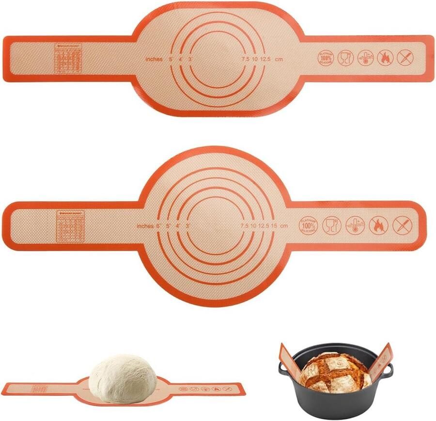 2 stuks siliconen bakmat siliconen rond ovaal broodbakmat anti-aanbaklaag met lang handvat siliconen broodmat oranje kleur voor Dutch Oven keuken