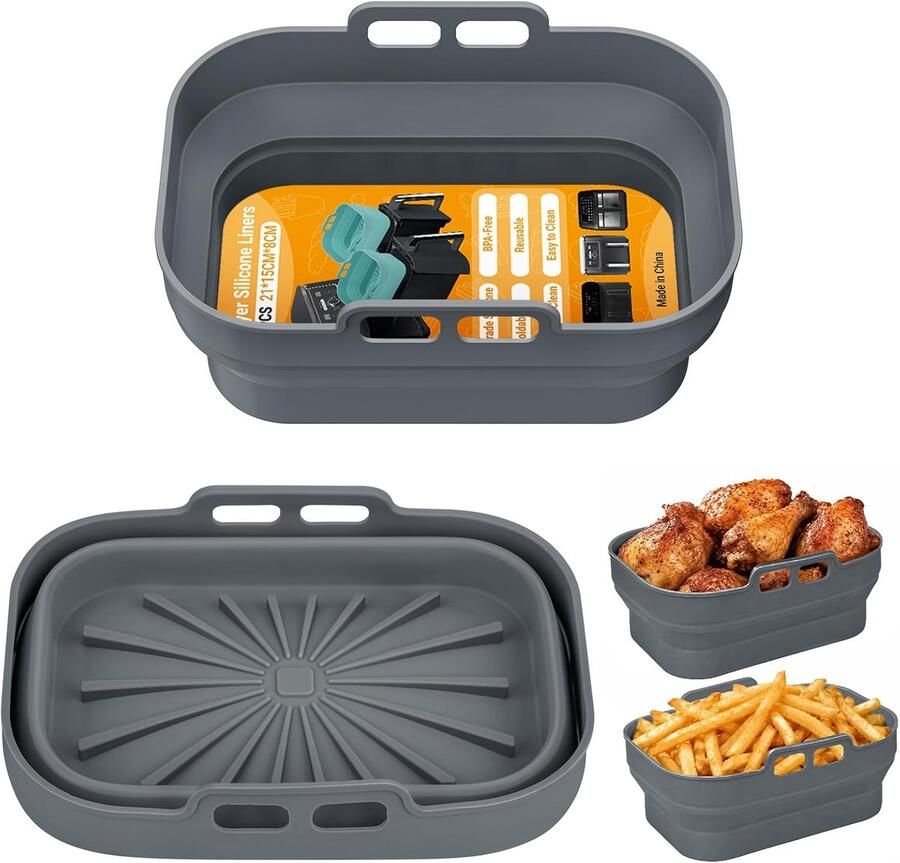 2 stuks siliconen vormen accessoires voor heteluchtfriteuse grijs rechthoekige airfryer siliconen inzetstuk opvouwbaar herbruikbare heteluchtfriteuse accessoires voor dual airfryer magnetron