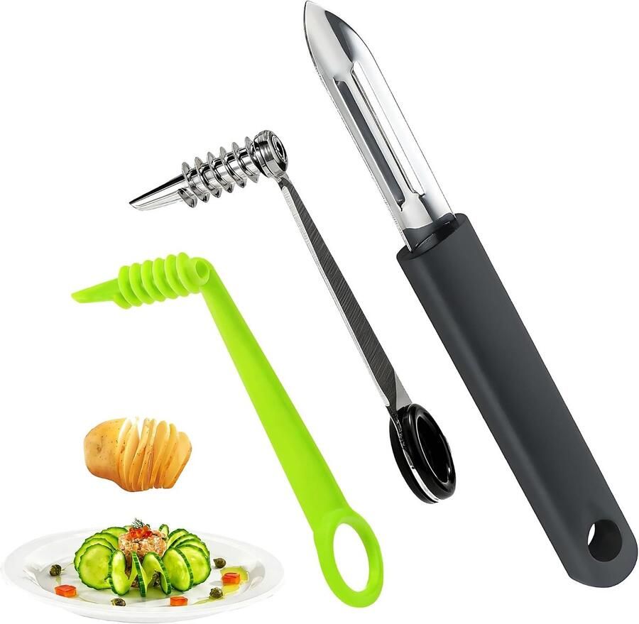 2 stuks spiraalsnijder aardappelset met dunschiller roestvrij staal en kunststof handige aardappelsnijder voor creatieve aardappelspiralen groenten en fruit eenvoudig te bereiden