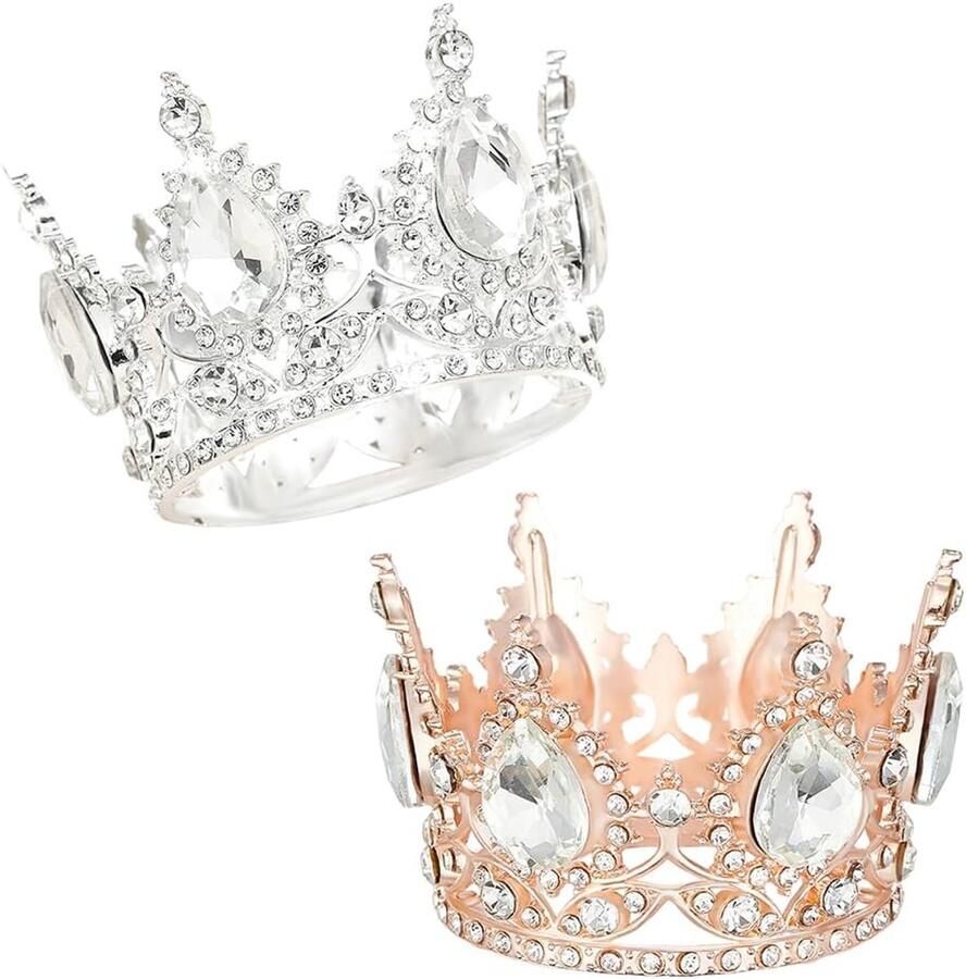 2 stuks taartdecoratie met kroon mini-kroon 3D-kroon taartdecoratie zilver en kroon voor verjaardagsfeesten bruiloftstaarten prinses prins
