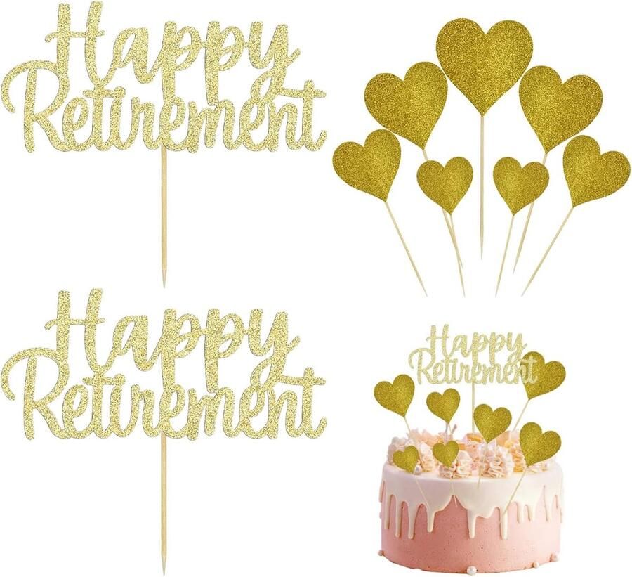 2 stuks tekstplug-ins en 7 stuks liefde-plug-ins voor pensioenfeest taartdecoratie feestaccessoires (goud)