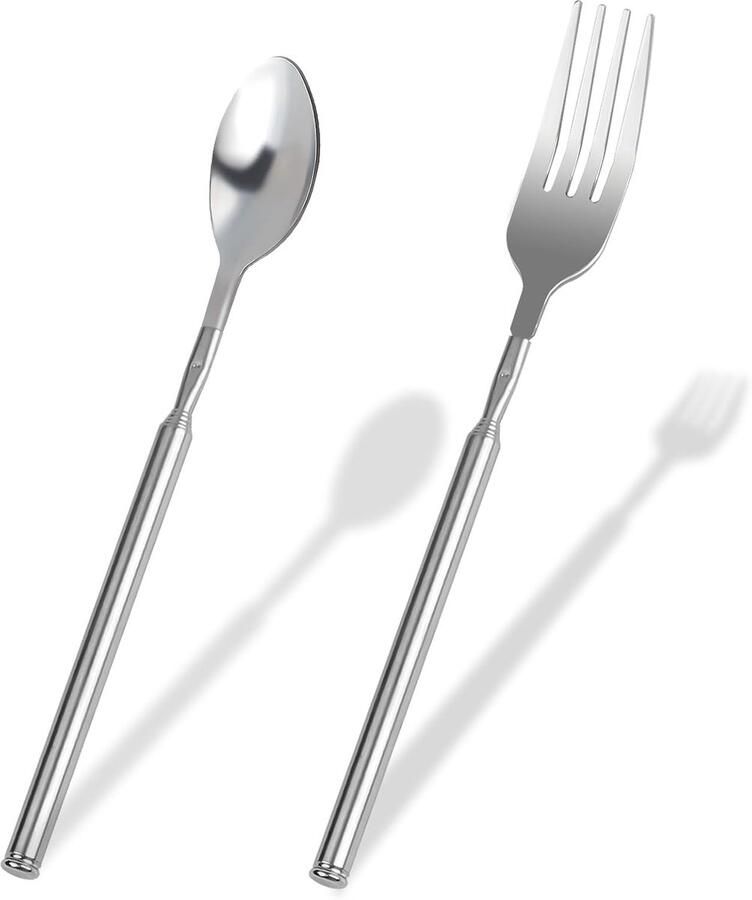 2 stuks uittrekbare vork lepel roestvrij staal telescopische vork lepel met lange handgreep intrekbare 22-65 cm extra lange verstelbare vork telescopische lepel om uit te trekken voor BBQ