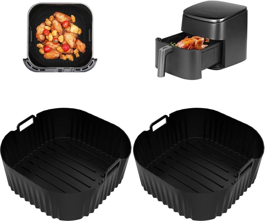 2 stuks vierkante vormen voor luchtfriteuse 21 x 21 x 8 cm zwart siliconen container voor heteluchtfriteuse siliconen vorm alleen voor Philips NA230 COSORI6.2L COSORI5.5L - Foto 1