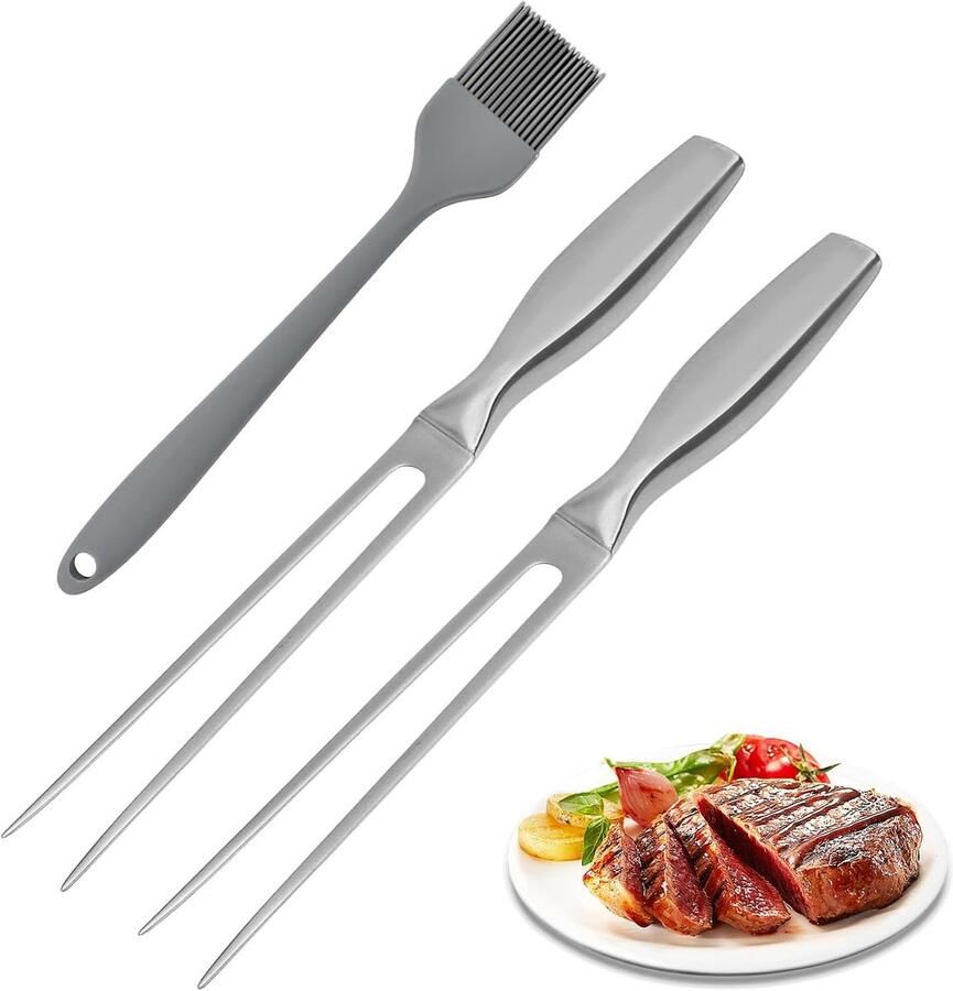 2 stuks vleesvork roestvrij staal: 27 cm vleesvork met ergonomische greep grillvork met olieborstel trancheervork van roestvrij staal voor restaurant keuken BBQ