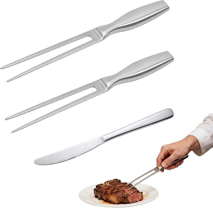 2 stuks vleesvork + tafelmes vleesvork roestvrij staal 27 cm tafelmes 30 cm vorken trancheervork vleesmaler grillvork voor barbecue keuken kalkoen braden diner