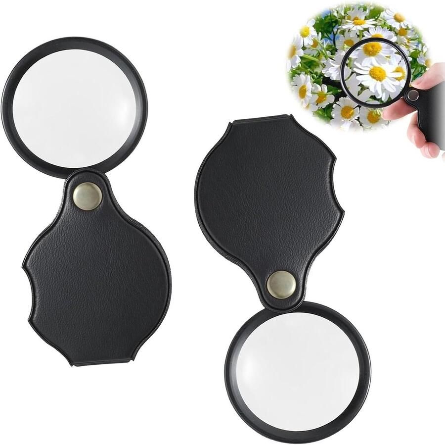 2 stuks zakvergrootglas 10-voudig mini-vergrootglas draagbaar opvouwbaar vergrootglas klein vergrootglas met zwart lederen etui vergrootglas voor lezen boeken landkaarten kranten 50 mm