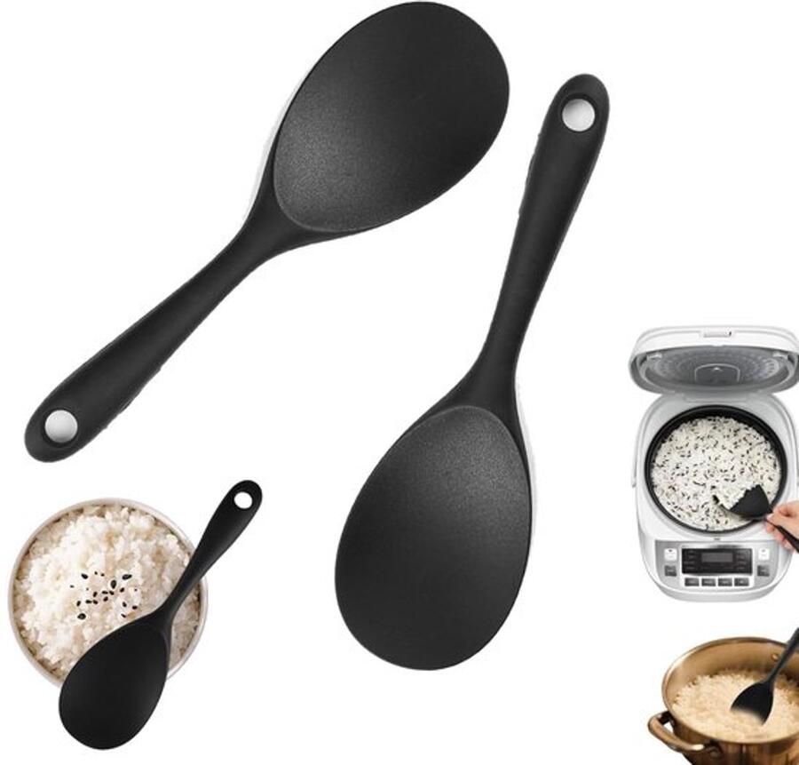 2 stuks zwarte rijstkoker met anti-aanbaklaag rijstlepel serverlepel siliconen met gat om op te hangen lange resterlepel multifunctionele lepel voor aardappelpuree rijst rijstkoker