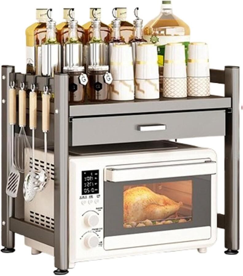 2-Tier Magnetron Plank Stand voor Aanrecht Ruimtebesparende Keuken met 4 Opbergdozen Metalen Constructie Ideaal voor Thuis & Kantoor Gebruik