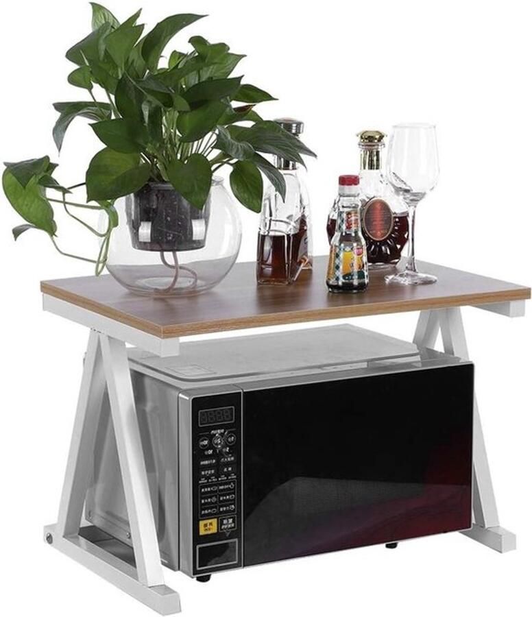 2-Tier Magnetronrek Keukenplank Organiser voor Oven Borden Koffiekopjes en Waterkoker 57 x 38 x 38 cm in Wit