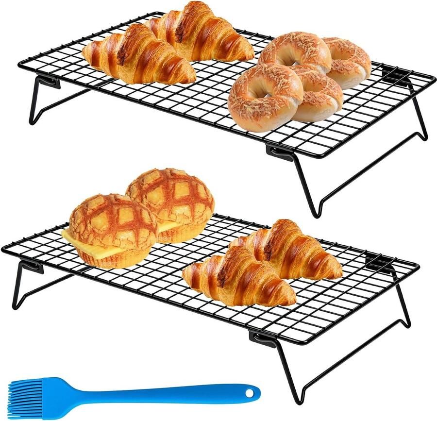 2 verdiepingen rechthoekig 34 x 24 cm met siliconen borstel stapelbaar koelrooster inklapbaar antiaanbaklaag ruimtebesparend koelrek voor cake koekjes muffins