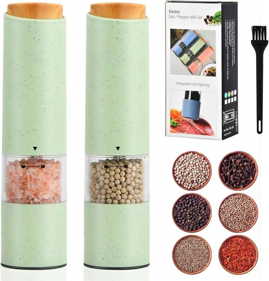 2 verpakkingen elektrische pepermolen elektrische pepermolen zout- en pepermolen zout- en pepervaatje instelbare instelling led-licht voor barbecue keuken (groen)