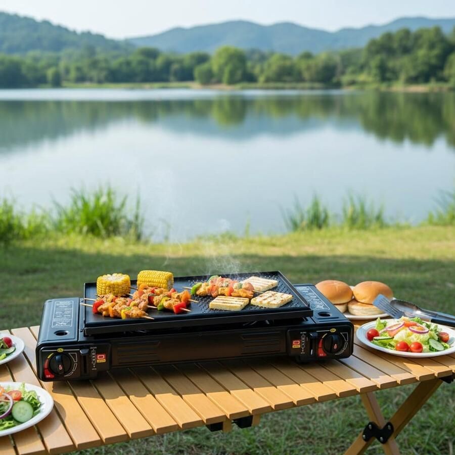 2 vlammen met grillplaat en draagtas outdoor gasfornuis draagbaar camping 2500 W per brander campingfornuis 63 x 26 x 12 cm