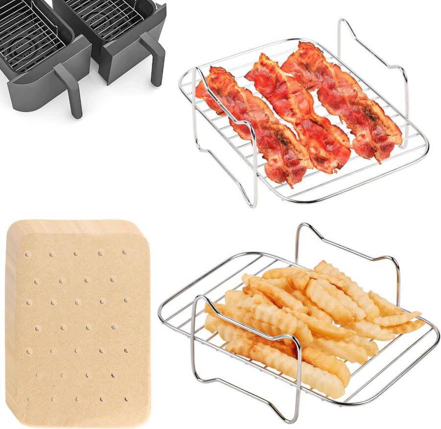 2 x Hot Air Fryer Grillrek met 100 x Bakpapier Roestvrijstalen Dehydratorrek Airfryer voor Ninja Foodi AF300EU AF400EU Accessoires voor het roosteren en bakken van Hot Air Fryer