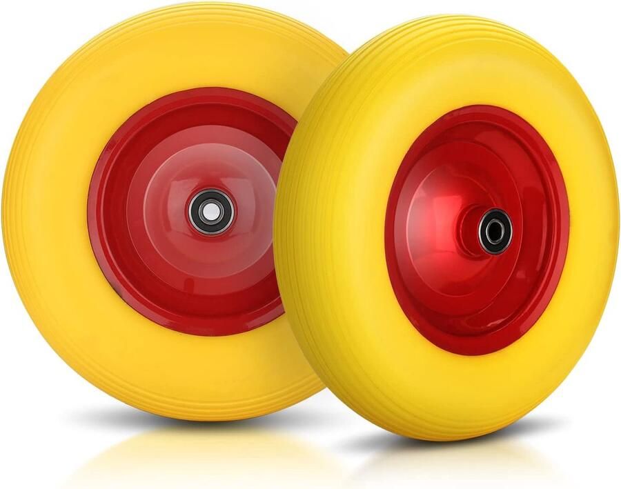 2 x kruiwagenwiel met as PU massief rubberen banden 4.80 4.00-8 Ø 390 mm metalen velg rubber wiel lekvrij tot 200 kg stalen velg band geel voor tuinwagens