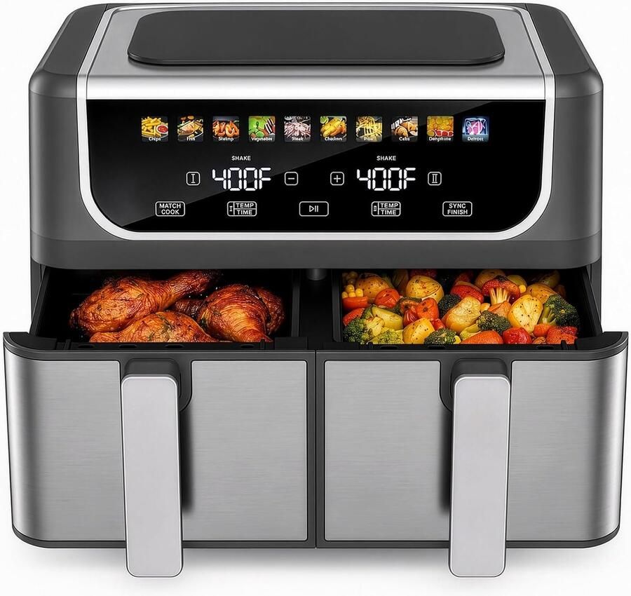 2 x luchtfriteuse manden (9 5 liter) 10-in-1 dubbele luchtfriteuse met knapperige keramische plaat brede temperatuur van 80 tot 400 °C intelligente kookmodus met