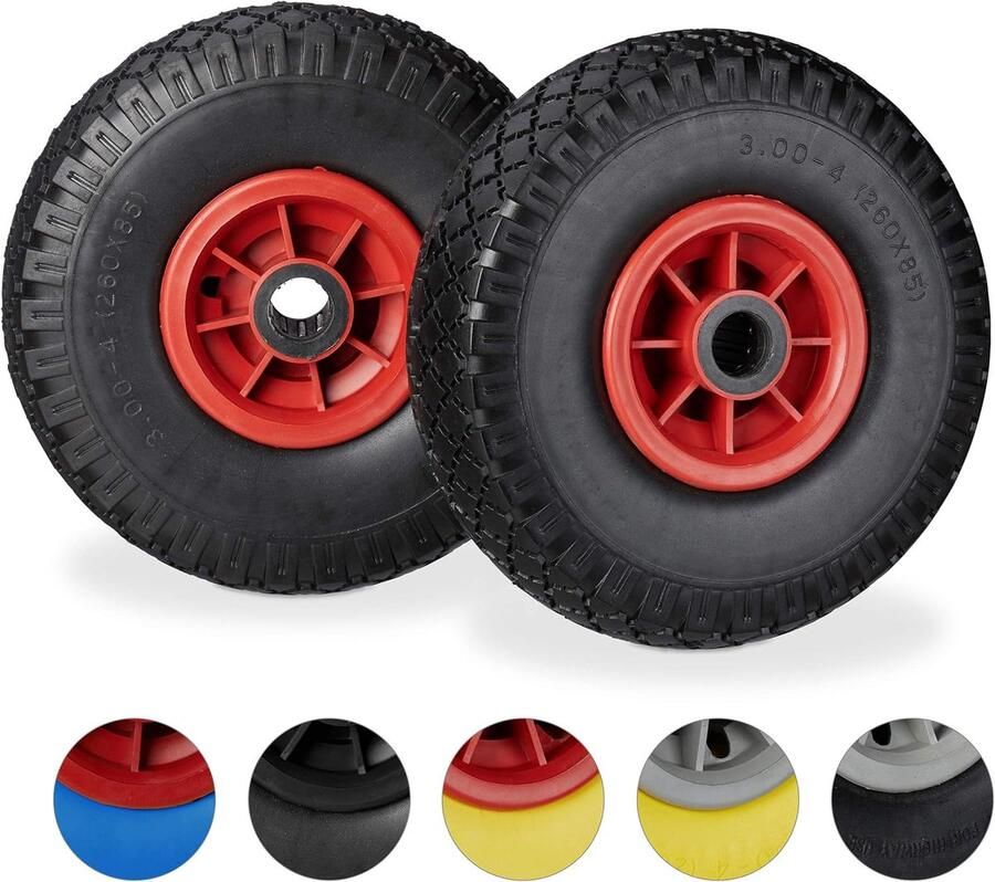 2 x steekwagenwiel in een set lekvrije 3 00-4 inch massief rubberen banden 25 mm as tot 80 kg 260 x 85 mm zwart-rood