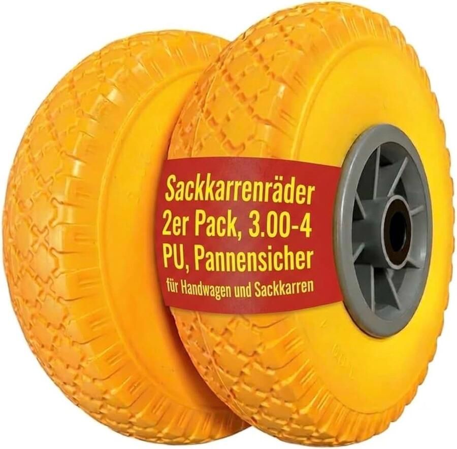 2 x steekwagenwiel lekvrij volledig rubberen banden diameter 260 mm naaf Ø 20 × 75 3.00-4 steekwagen bolderkar reservewiel banden voor steekwagen bolderkarren wielen geel grijs PU