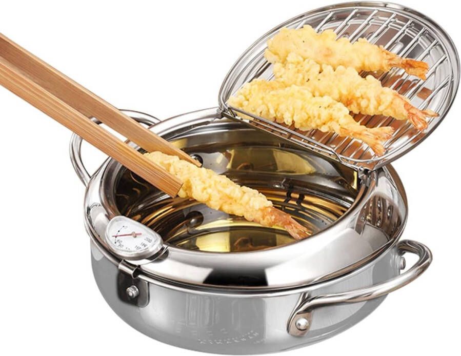 Tempura Friteuse 20 cm 79 inch met Antiaanbaklaag en Temperatuurregeling- Japanse Friteuse van Roestvrij Staal voor Kip en Garnalen- Tempura Koekenpan met Oliedruk en Deksel