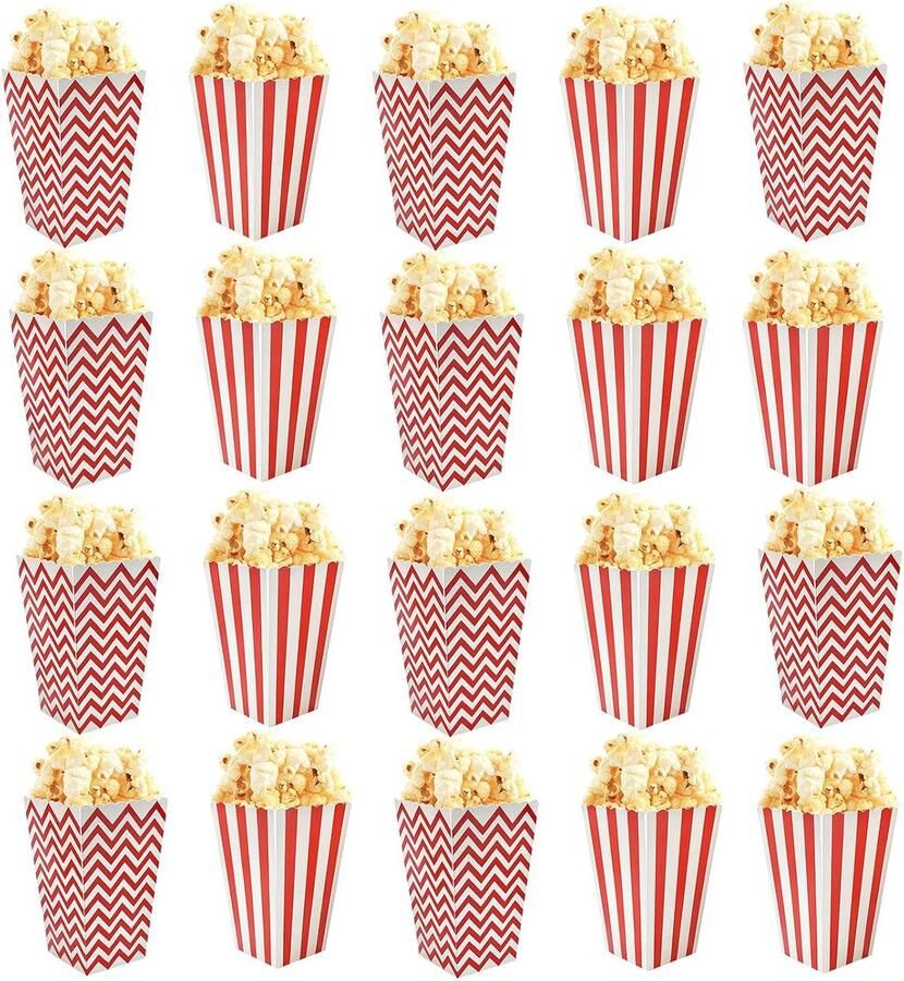 20 Pcs Striped Paper Popcorn Candy Containers Popcorn Theater Storage Box Reusable Popcorn Favor Boxes voor Verjaardagsfeest Filmavond Bruiloft (Rood Wit)