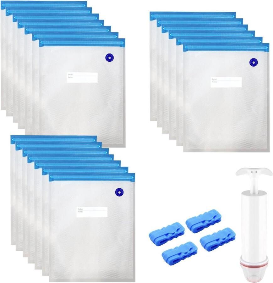 20 stuks 26 x 34 cm vacuümzakken levensmiddelen herbruikbaar met ventiel ritssluiting pomp afdichtingsklemmen vacuüm verzegelde zakken sous-vide vacuümzakken vacumeerzakken vacumeermachine luisteraar