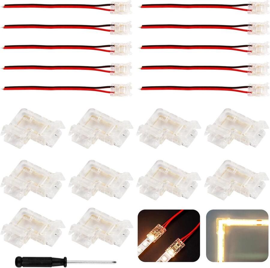 20 stuks COB ledstripconnectoren soldeerloze led-connectoren 2-pins voor 8 mm breedte COB 2-pins 10 stuks hoekconnectoren en 10 stuks transparante middenconnector stripconnector voor 12
