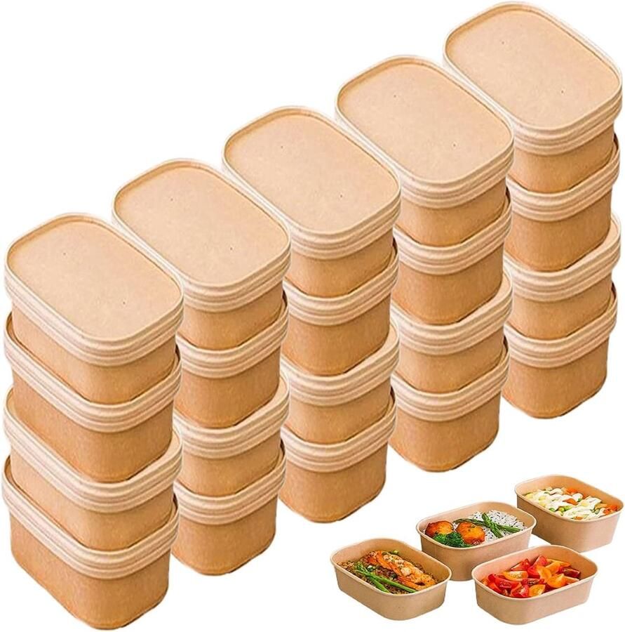 20 stuks papieren containers voor levensmiddelen voedselcontainers om mee te nemen kartonnen kom wegwerp papieren kommen waterdicht oliebestendig (met deksel 650 ml)